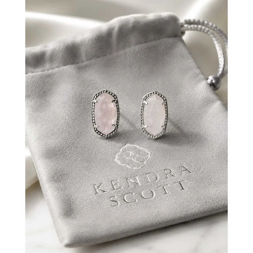 New In Bag Kendra Scott Ellie Silver Stud Earrings in Rose Quartz / MSRP $60
